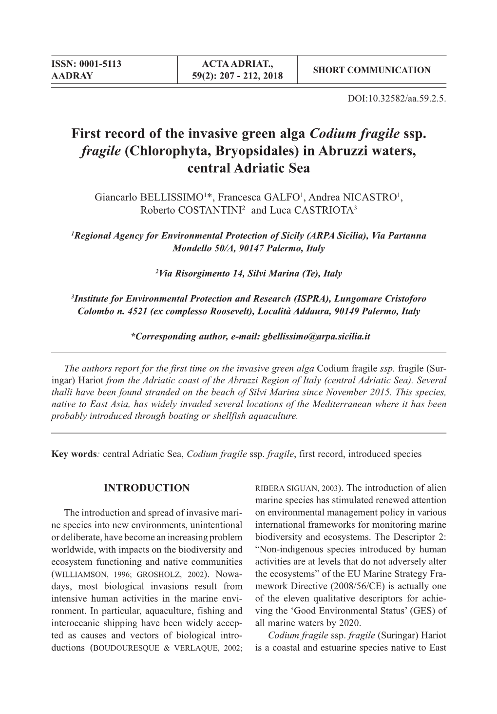 First Record of the Invasive Green Alga Codium Fragile Ssp. Fragile (Chlorophyta, Bryopsidales) in Abruzzi Waters, Central Adriatic Sea