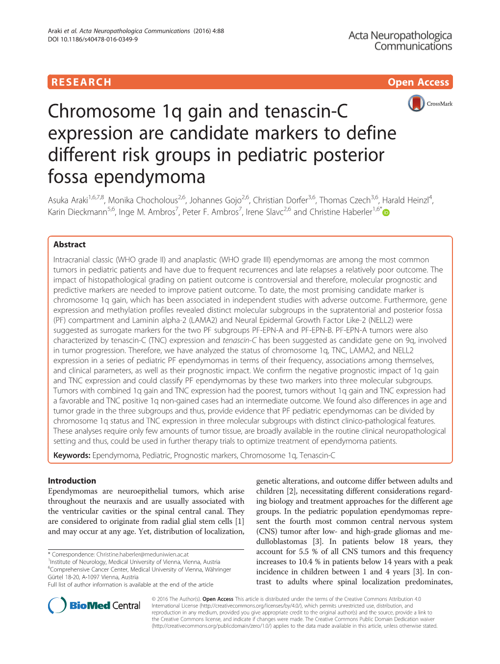 Chromosome 1Q Gain and Tenascin-C Expression Are Candidate Markers