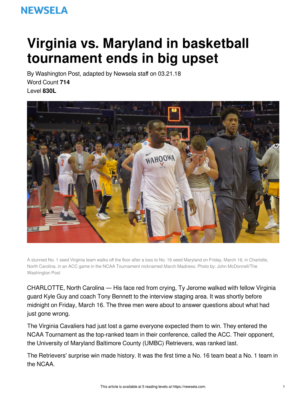 Virginia Vs. Maryland in Basketball Tournament Ends in Big Upset by Washington Post, Adapted by Newsela Staﬀ on 03.21.18 Word Count 714 Level 830L