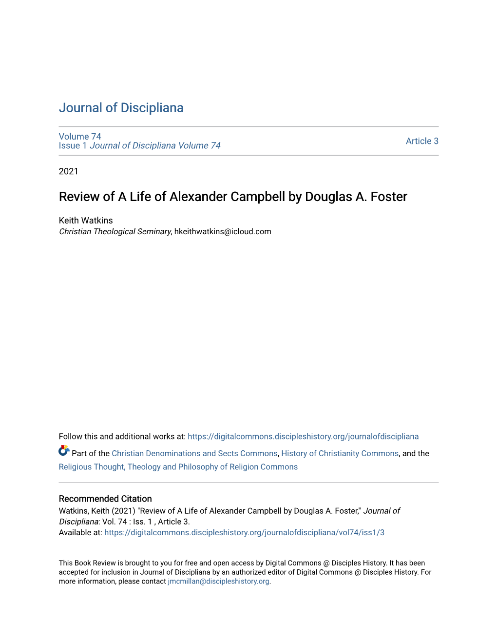Review of a Life of Alexander Campbell by Douglas A. Foster