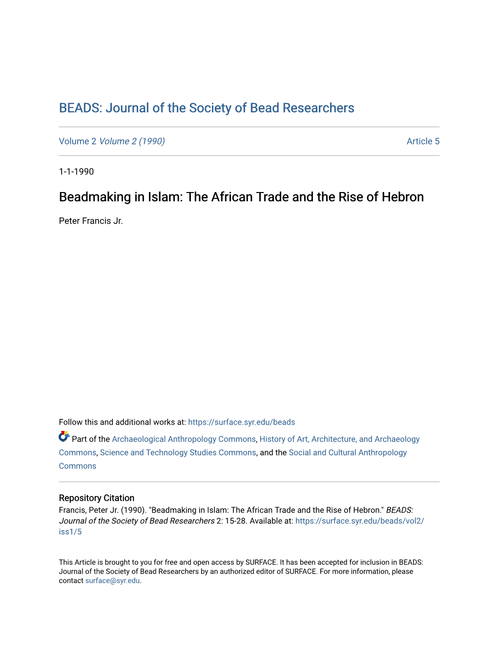 Beadmaking in Islam: the African Trade and the Rise of Hebron