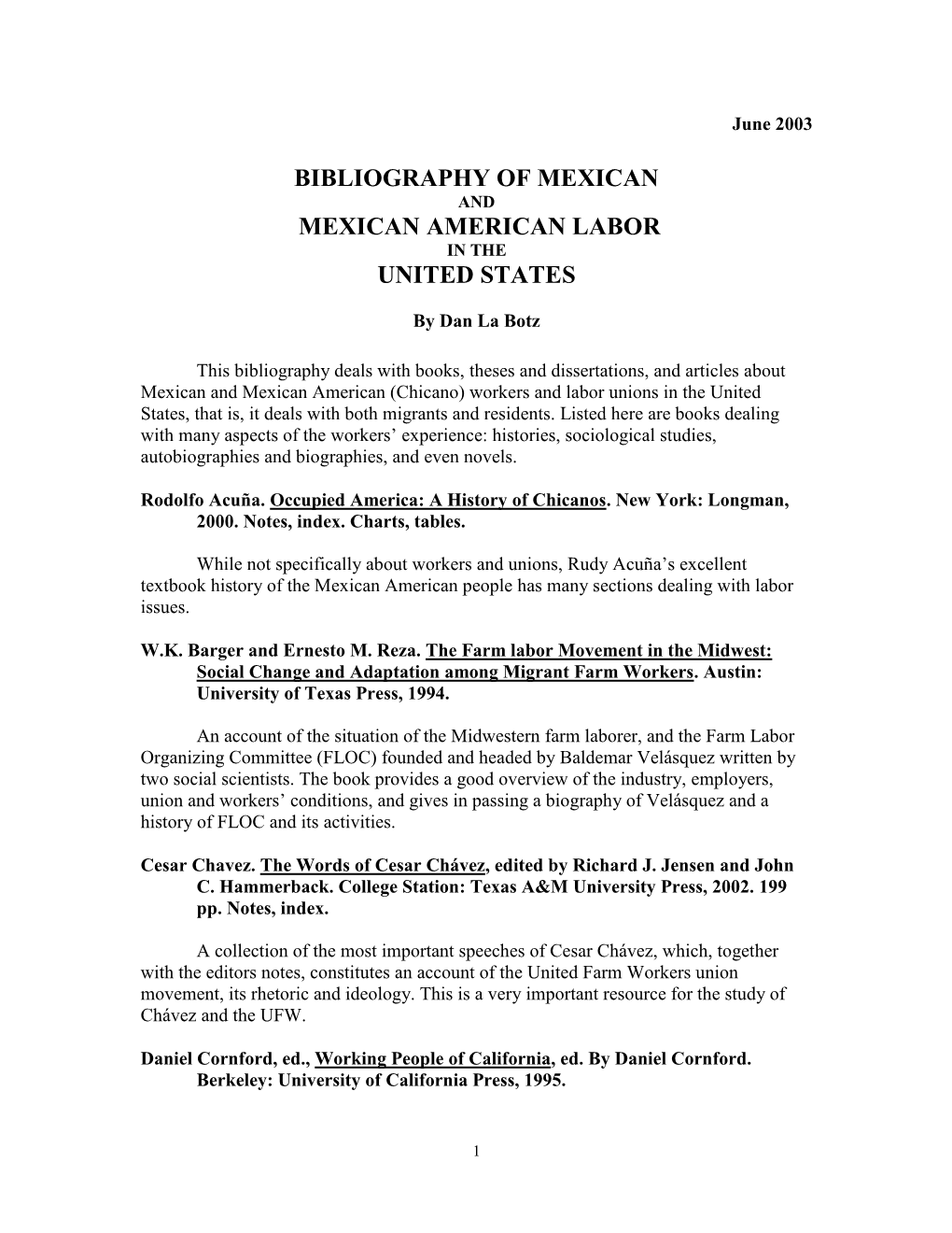 Bibliography of Mexican American Labor