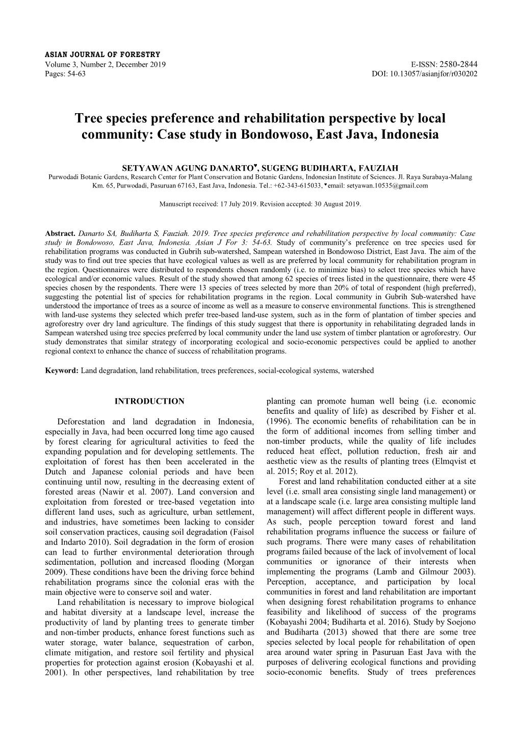 Tree Species Preference and Rehabilitation Perspective by Local Community: Case Study in Bondowoso, East Java, Indonesia