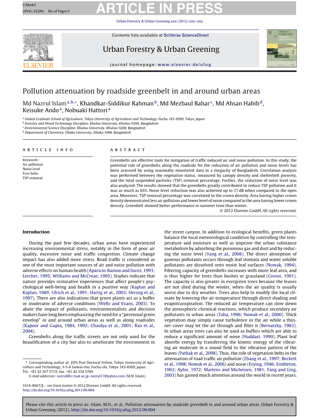 Pollution Attenuation by Roadside Greenbelt in and Around Urban Areas