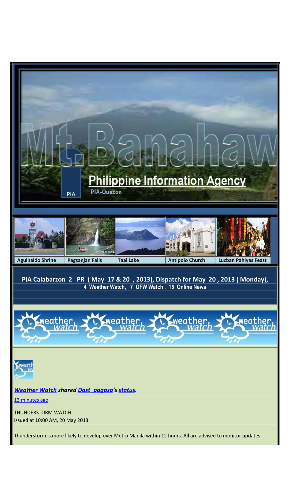 PIA Calabarzon 2 PR ( May 17 & 20 , 2013), Dispatch for May 20