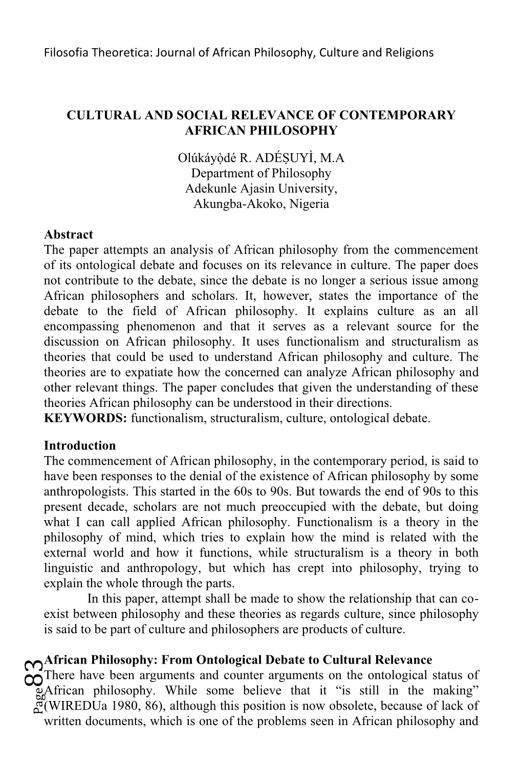 Filosofia Theoretica: Journal of African Philosophy, Culture and Religions