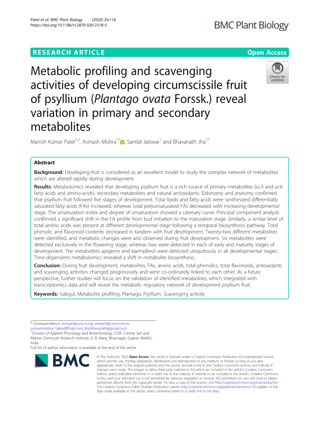 Plantago Ovata Forssk.) Reveal Variation in Primary and Secondary Metabolites Manish Kumar Patel1,2, Avinash Mishra1* , Santlal Jaiswar1 and Bhavanath Jha1*