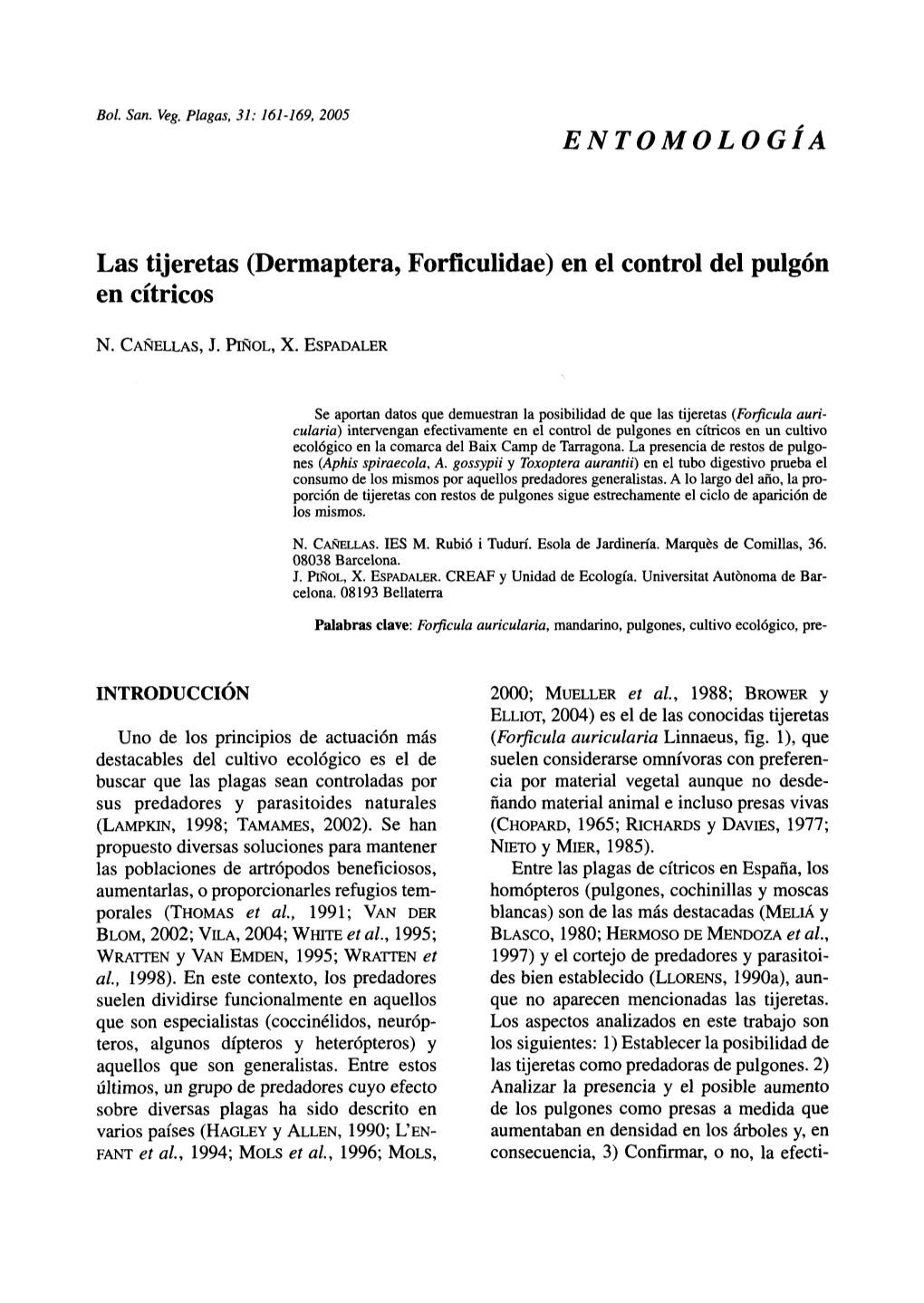 Las Tijeretas (Dermaptera, Forficulidae) En El Control Del Pulgón En Cítricos