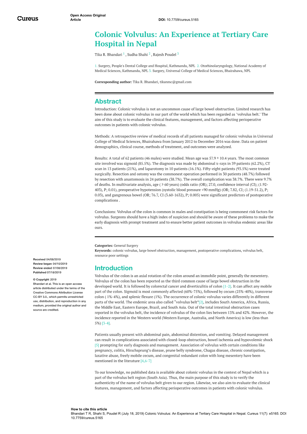 Colonic Volvulus: an Experience at Tertiary Care Hospital in Nepal