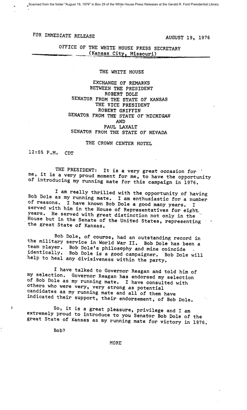 August 19, 1976" in Box 29 of the White House Press Releases at the Gerald R