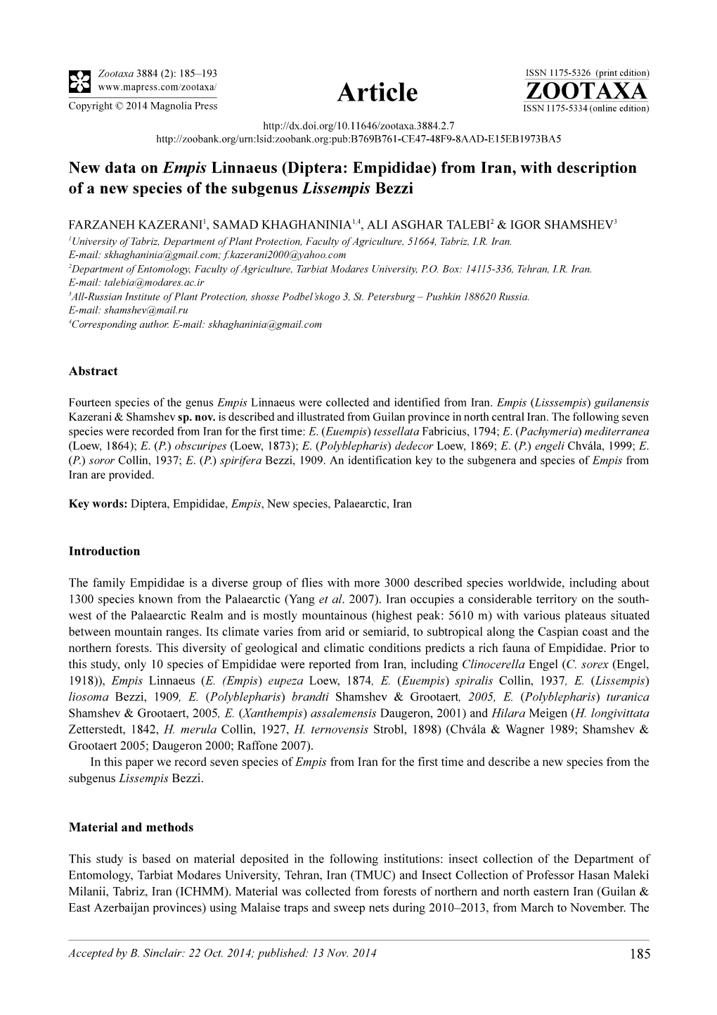 New Data on Empis Linnaeus (Diptera: Empididae) from Iran, with Description of a New Species of the Subgenus Lissempis Bezzi