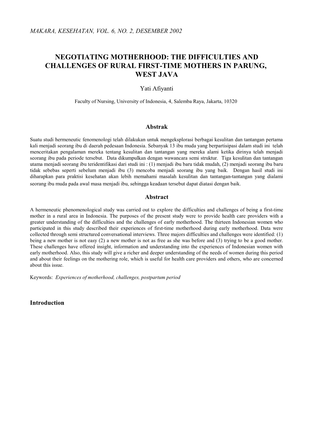 Negotiating Motherhood: the Difficulties and Challenges of Rural First-Time Mothers in Parung, West Java