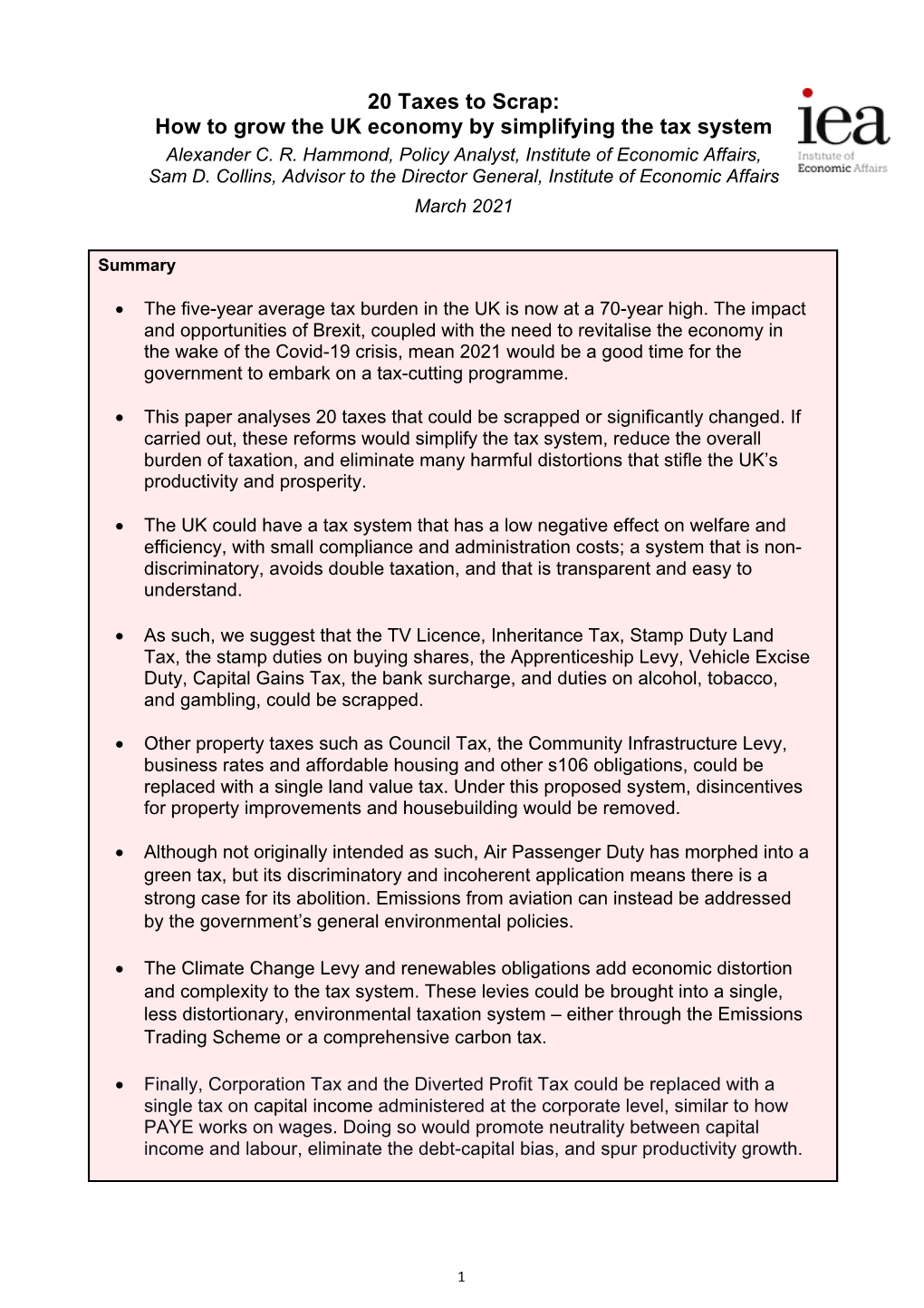 20 Taxes to Scrap: How to Grow the UK Economy by Simplifying the Tax System Alexander C