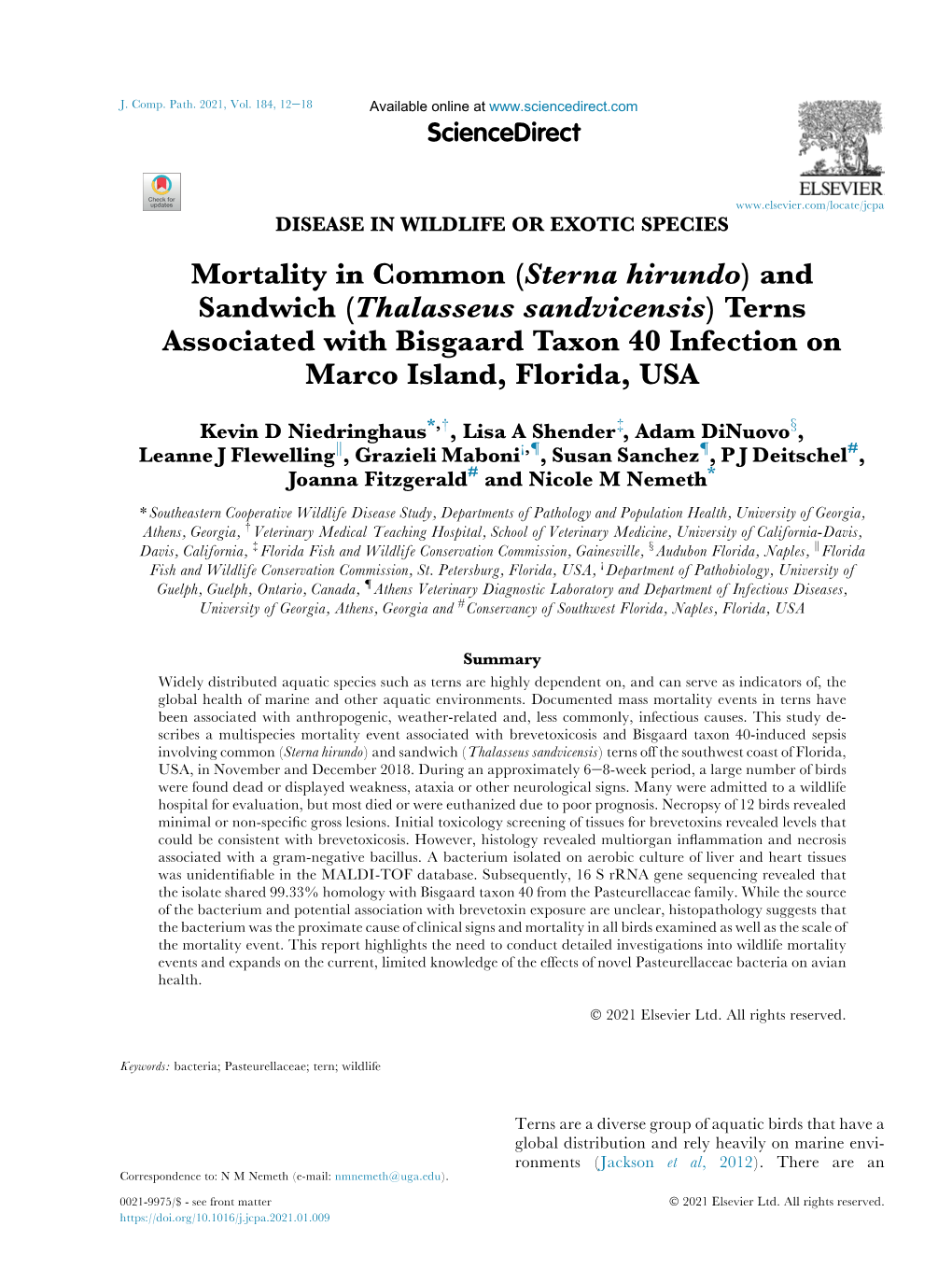 Mortality in Common (Sterna Hirundo) and Sandwich (Thalasseus Sandvicensis) Terns Associated with Bisgaard Taxon 40 Infection on Marco Island, Florida, USA