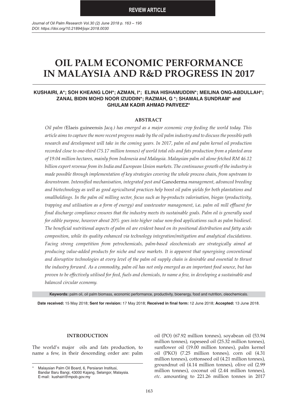 Oil Palm Economic Performance in Malaysia and R&D Progress in 2017