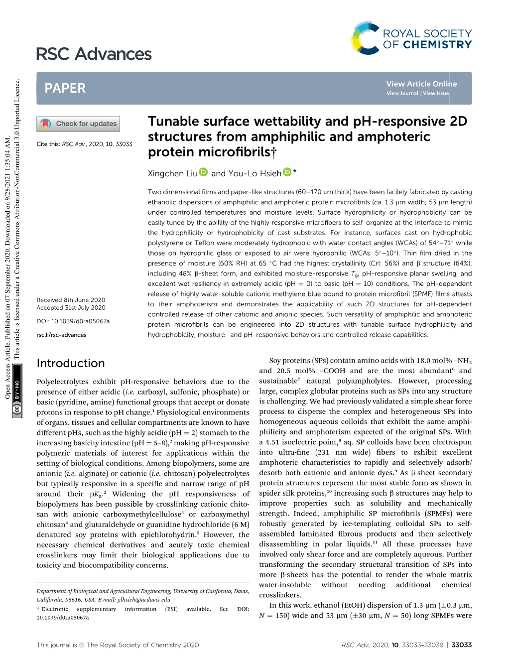 Tunable Surface Wettability and Ph-Responsive 2D Structures from Amphiphilic and Amphoteric Cite This: RSC Adv., 2020, 10,33033 Protein Microﬁbrils†