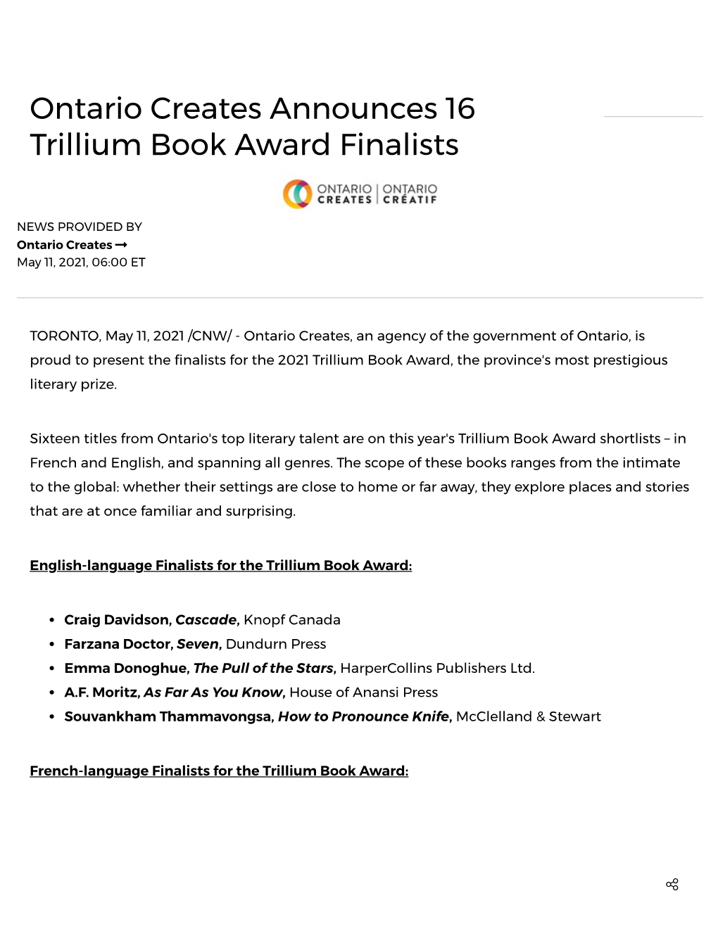 Ontario Creates Announces 16 Trillium Book Award Finalists