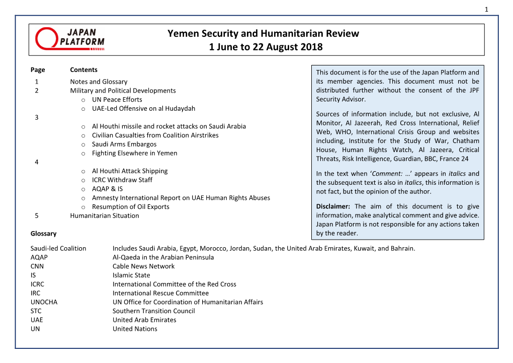 Yemen Security and Humanitarian Review 1 June to 22 August 2018
