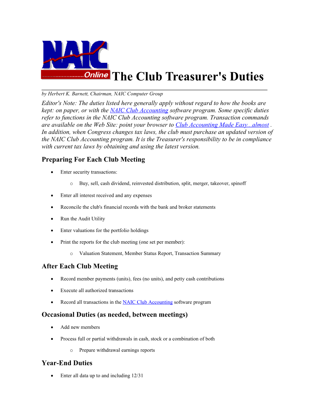 The Club Treasurer's Duties