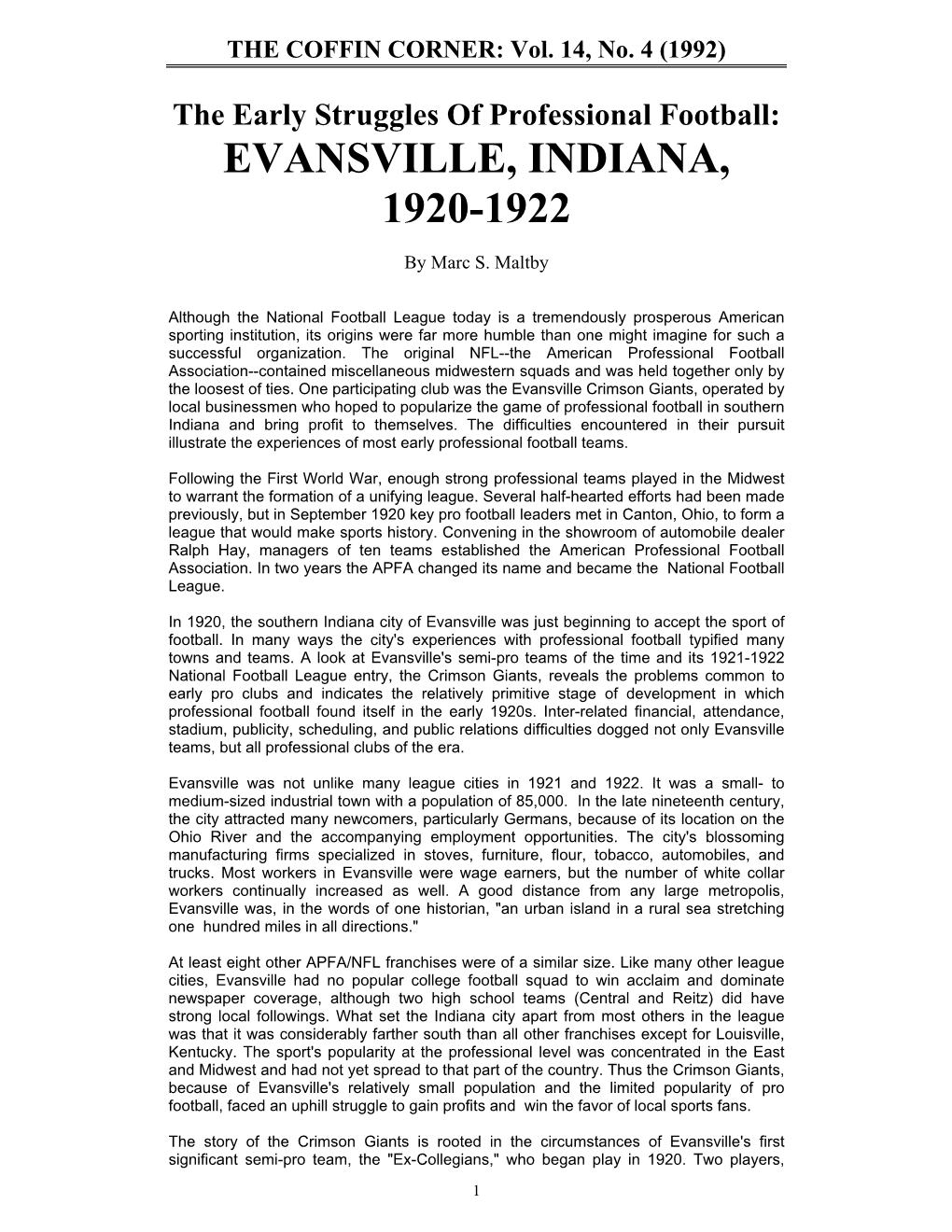 Evansville, Indiana, 1920-1922