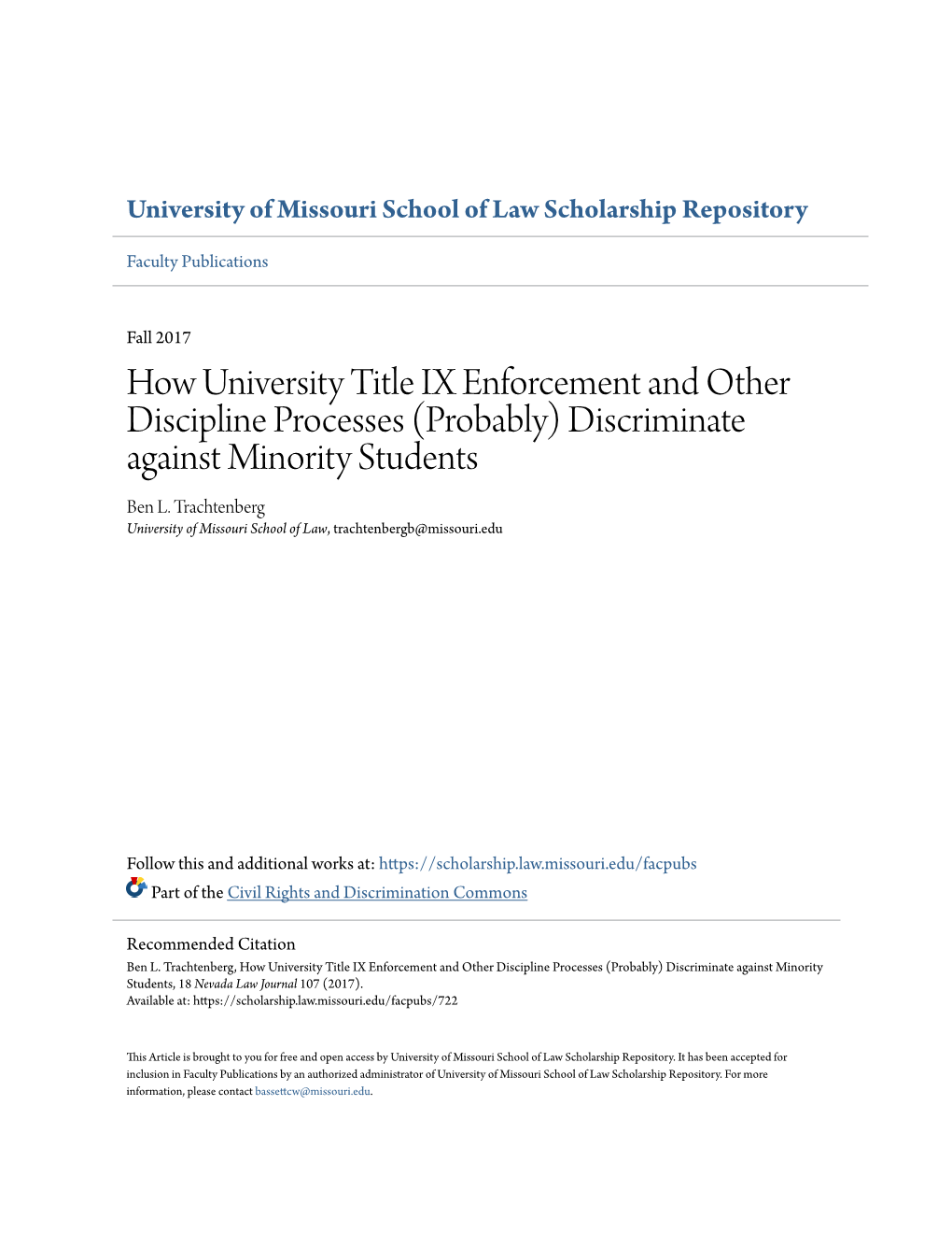 How University Title IX Enforcement and Other Discipline Processes (Probably) Discriminate Against Minority Students Ben L
