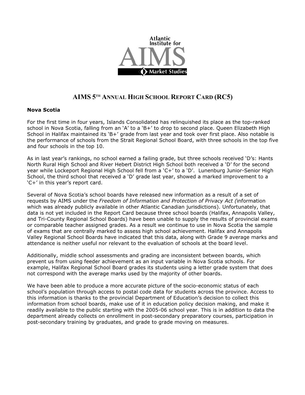 Aims 5Th Annual High School Report Card (Rc5)