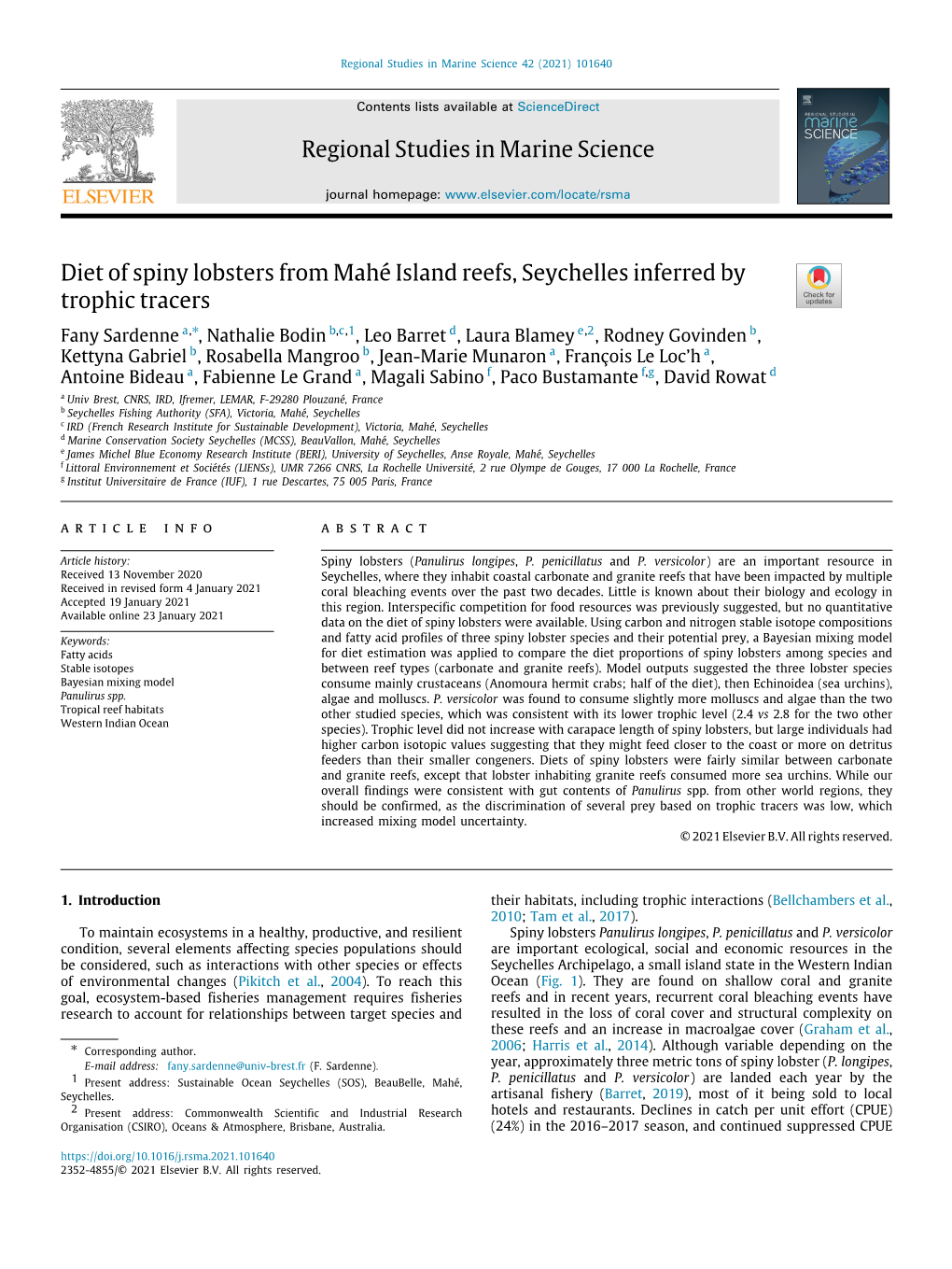 Diet of Spiny Lobsters from Mahé Island Reefs, Seychelles Inferred By