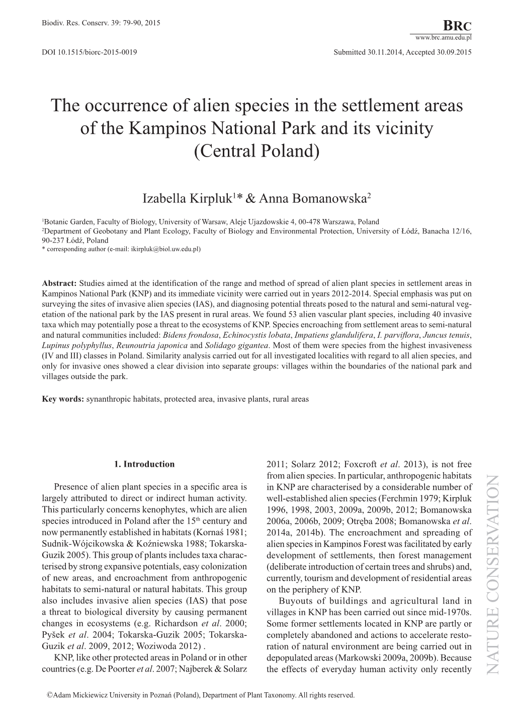 The Occurrence of Alien Species in the Settlement Areas of the Kampinos National Park and Its Vicinity (Central Poland)