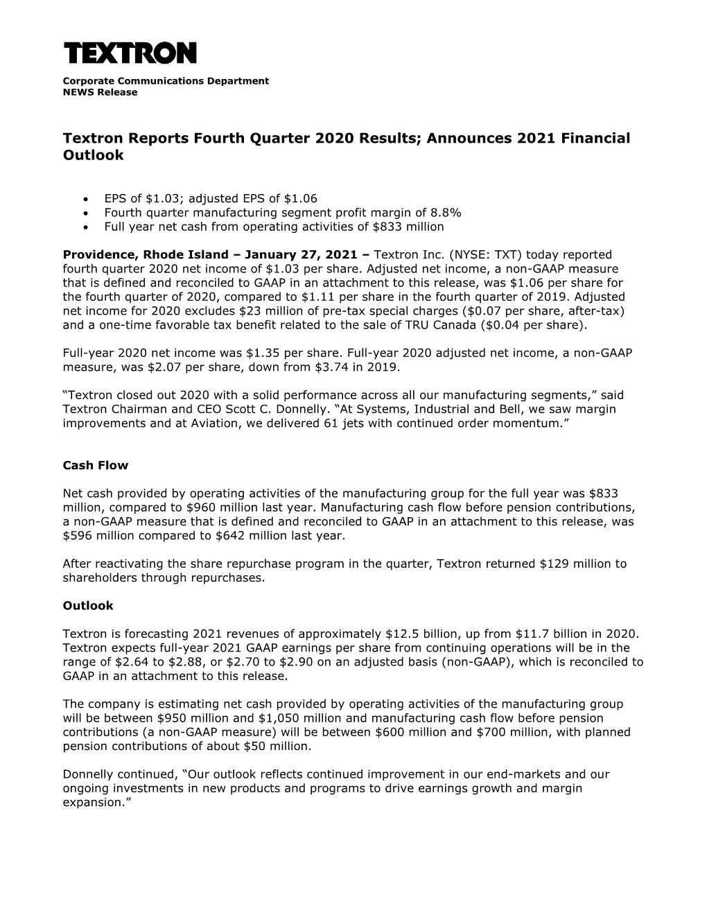 Textron Reports Fourth Quarter 2020 Results; Announces 2021 Financial Outlook