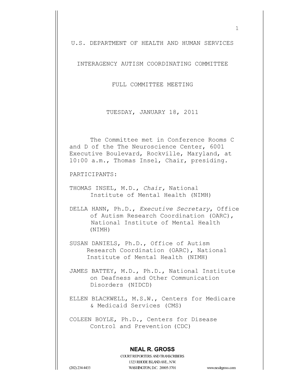 Transcript for the IACC Full Committee Meeting on January 18, 2011