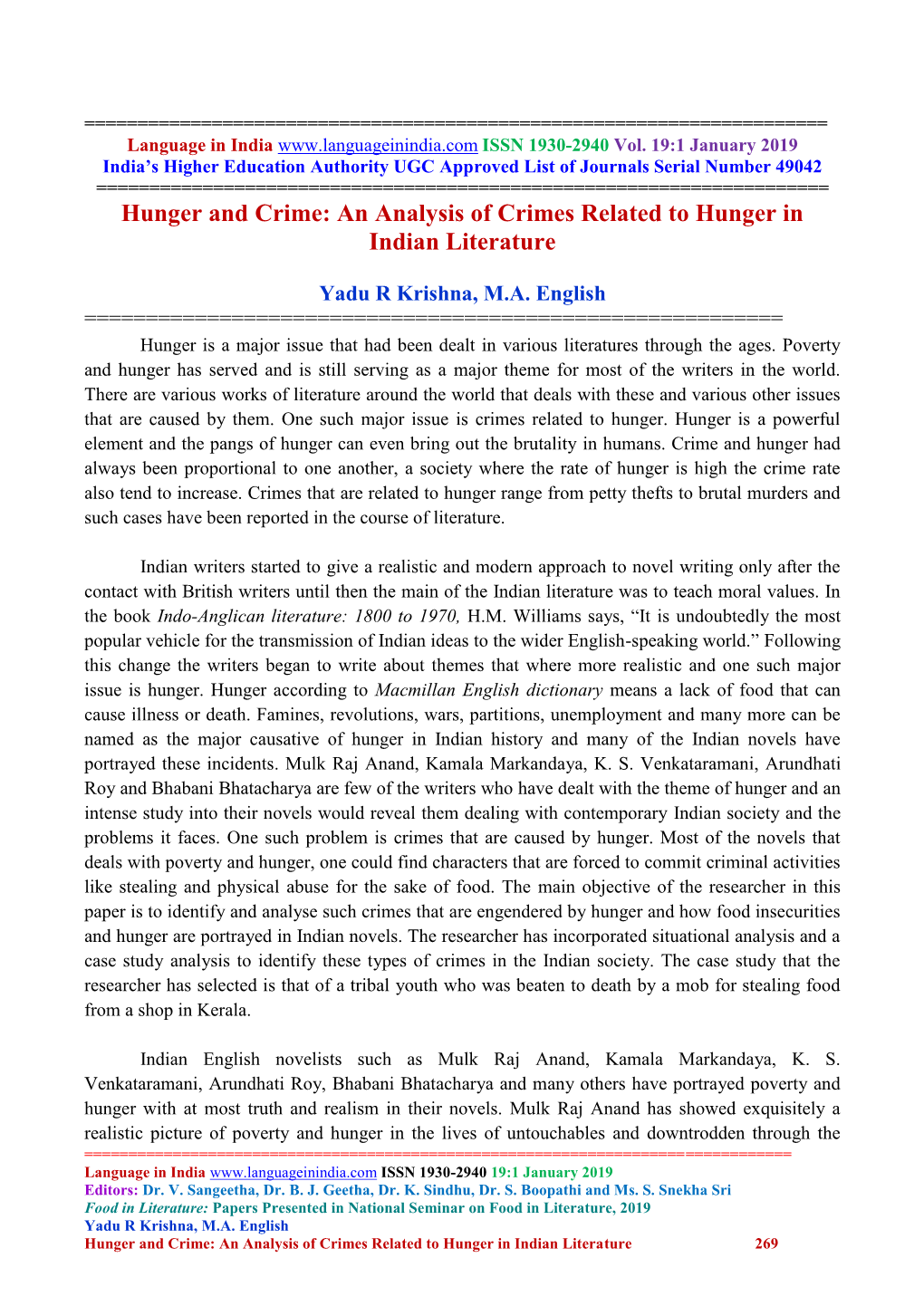 Hunger and Crime: an Analysis of Crimes Related to Hunger in Indian Literature