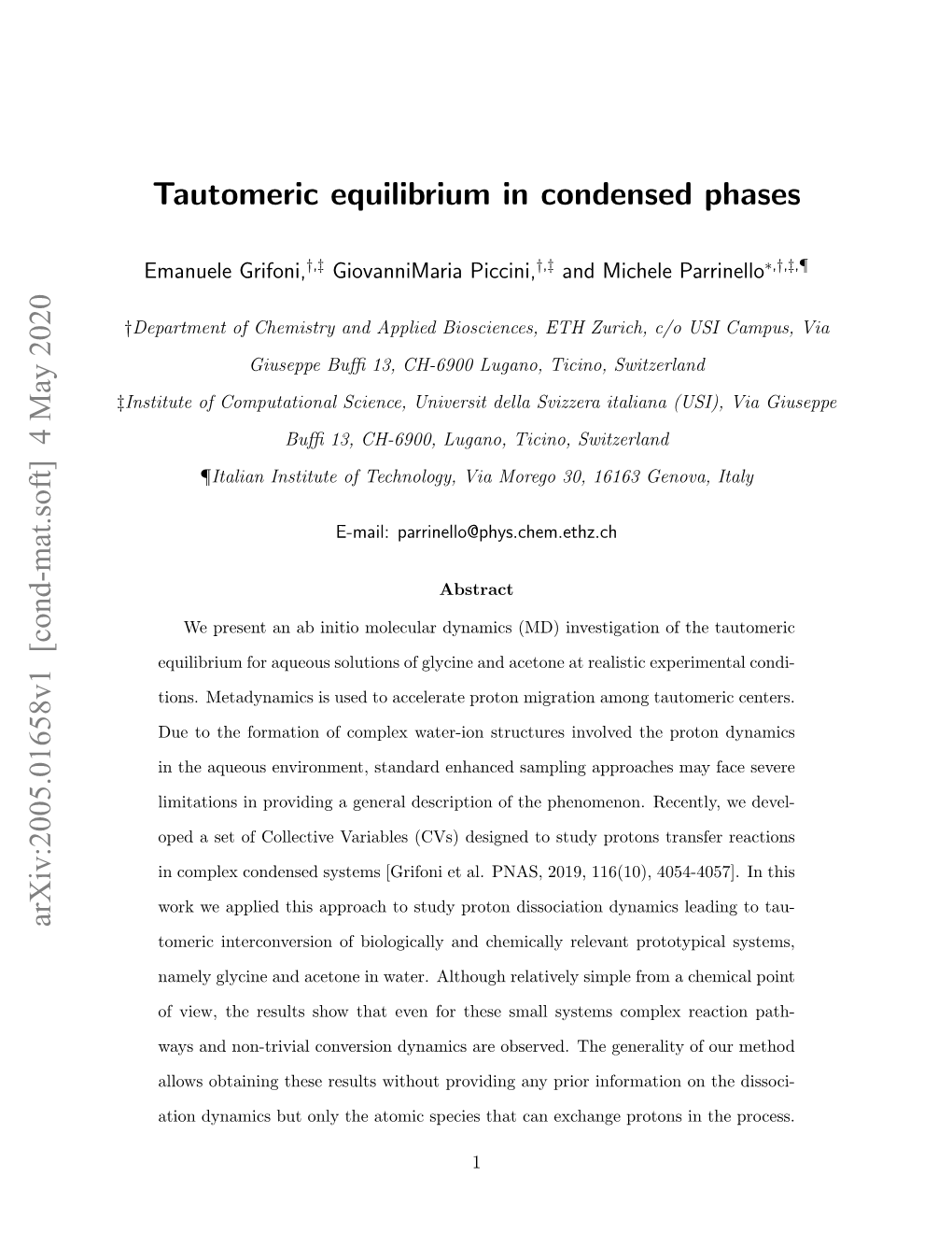 Tautomeric Equilibrium in Condensed Phases Arxiv:2005.01658V1 [Cond-Mat.Soft] 4 May 2020