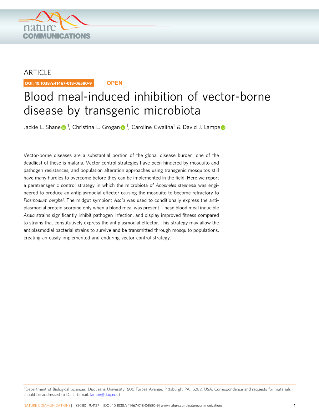 Blood Meal-Induced Inhibition of Vector-Borne Disease by Transgenic Microbiota