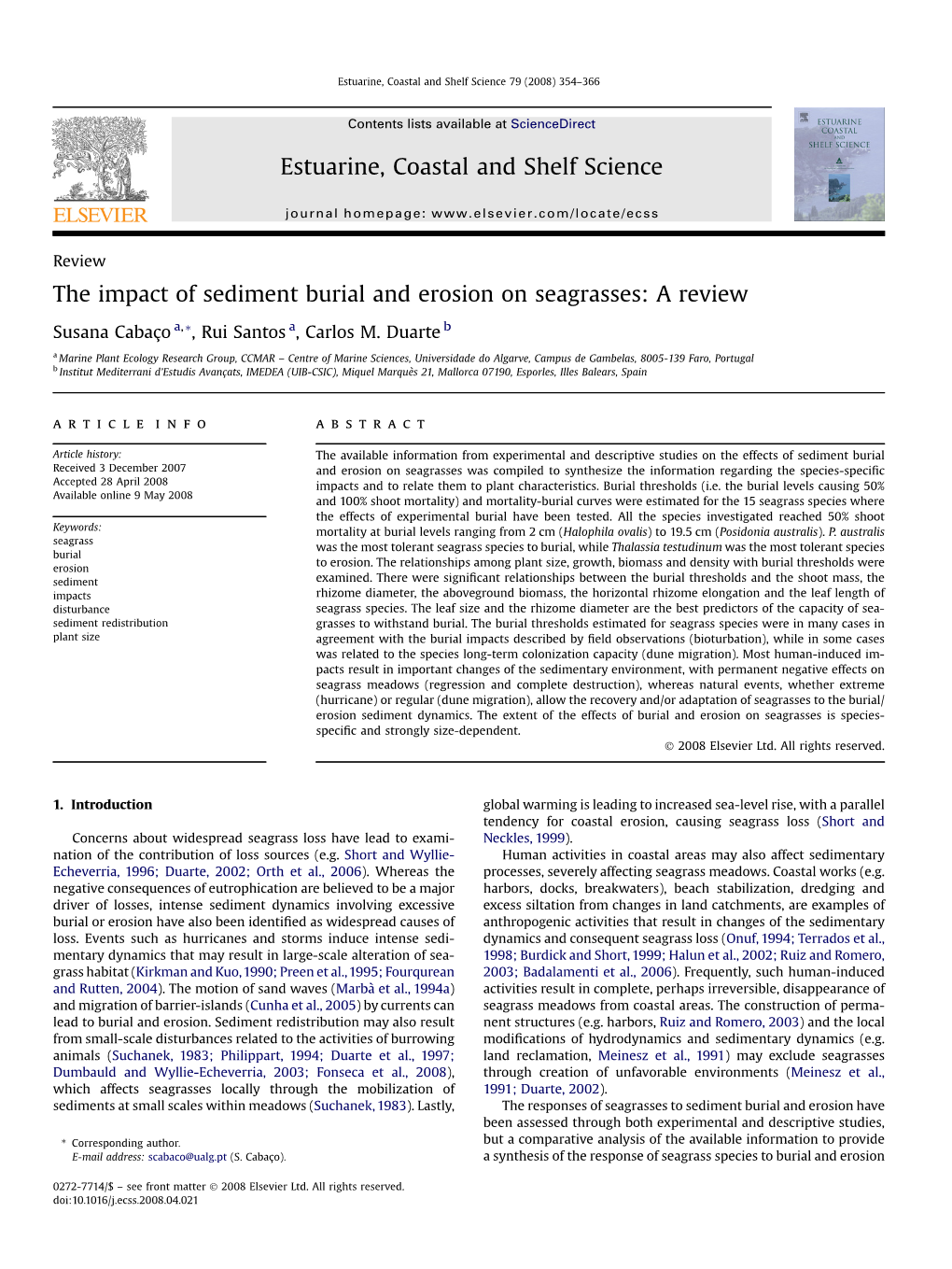 The Impact of Sediment Burial and Erosion on Seagrasses: a Review