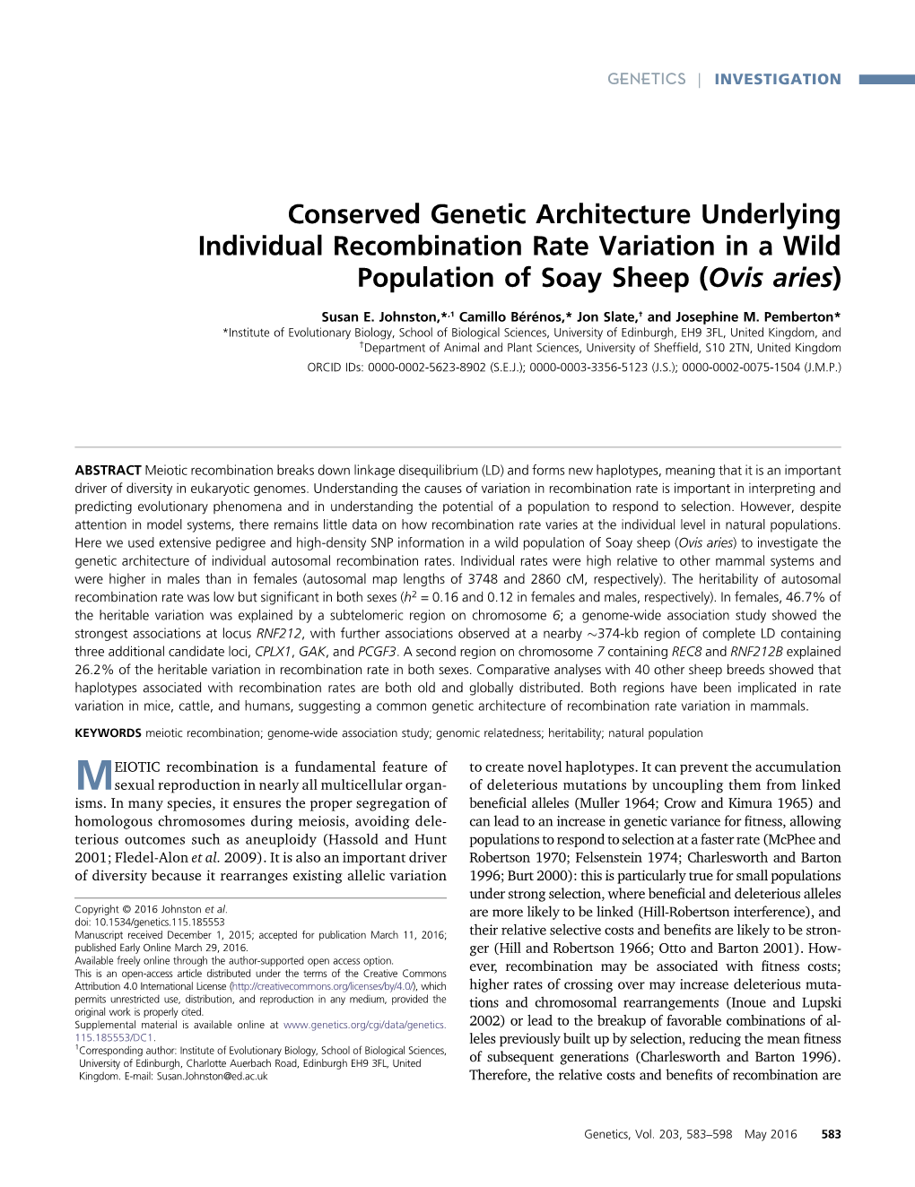 Conserved Genetic Architecture Underlying Individual Recombination Rate Variation in a Wild Population of Soay Sheep (Ovis Aries)