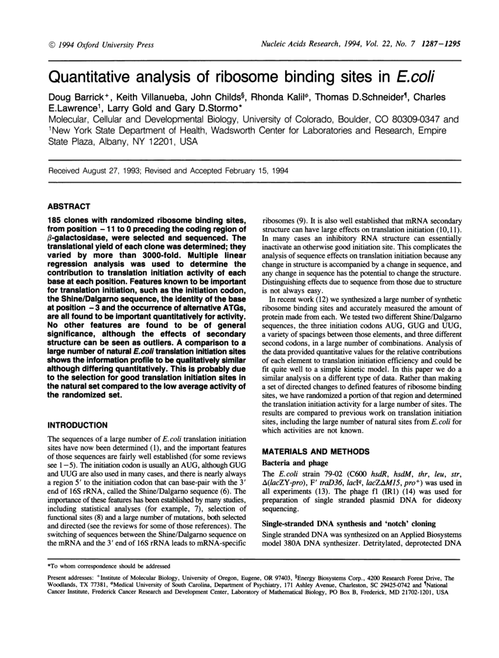 Quantitative Analysis of Ribosome Binding Sites in E.Coli