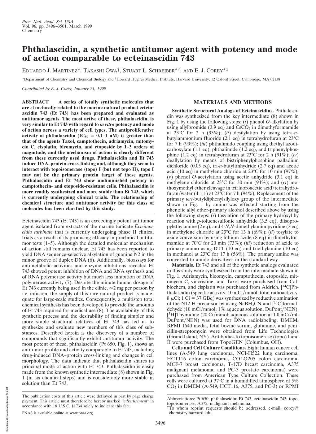 Phthalascidin, a Synthetic Antitumor Agent with Potency and Mode of Action Comparable to Ecteinascidin 743