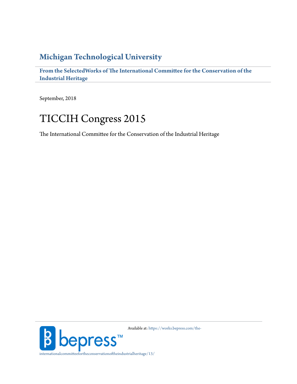 TICCIH Congress 2015 the Ni Ternational Committee for the Conservation of the Industrial Heritage