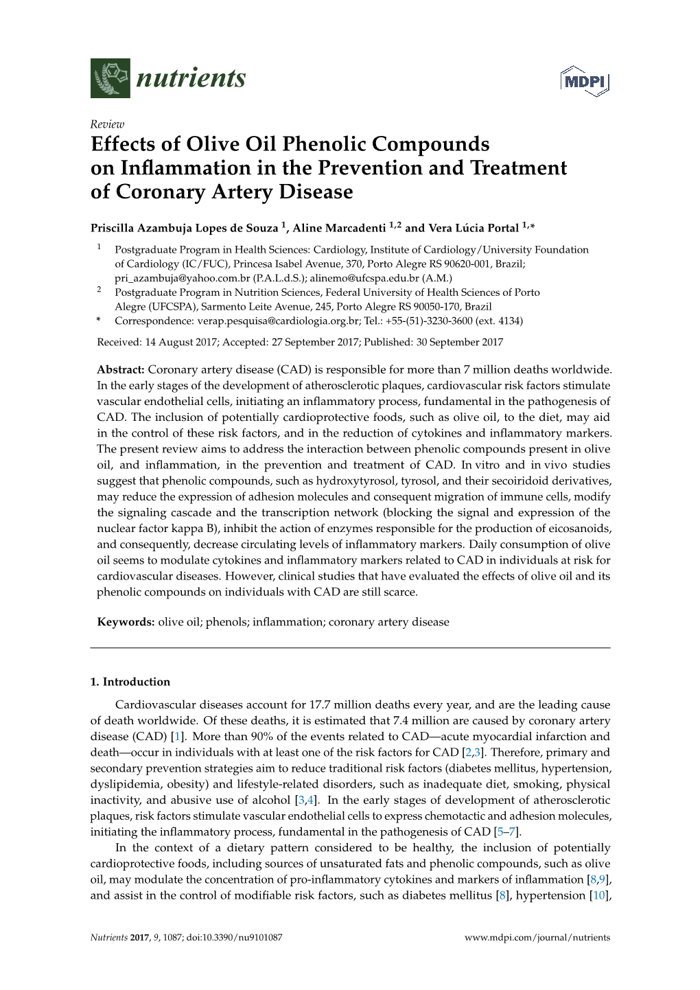 Effects of Olive Oil Phenolic Compounds on Inflammation in the Prevention and Treatment of Coronary Artery Disease