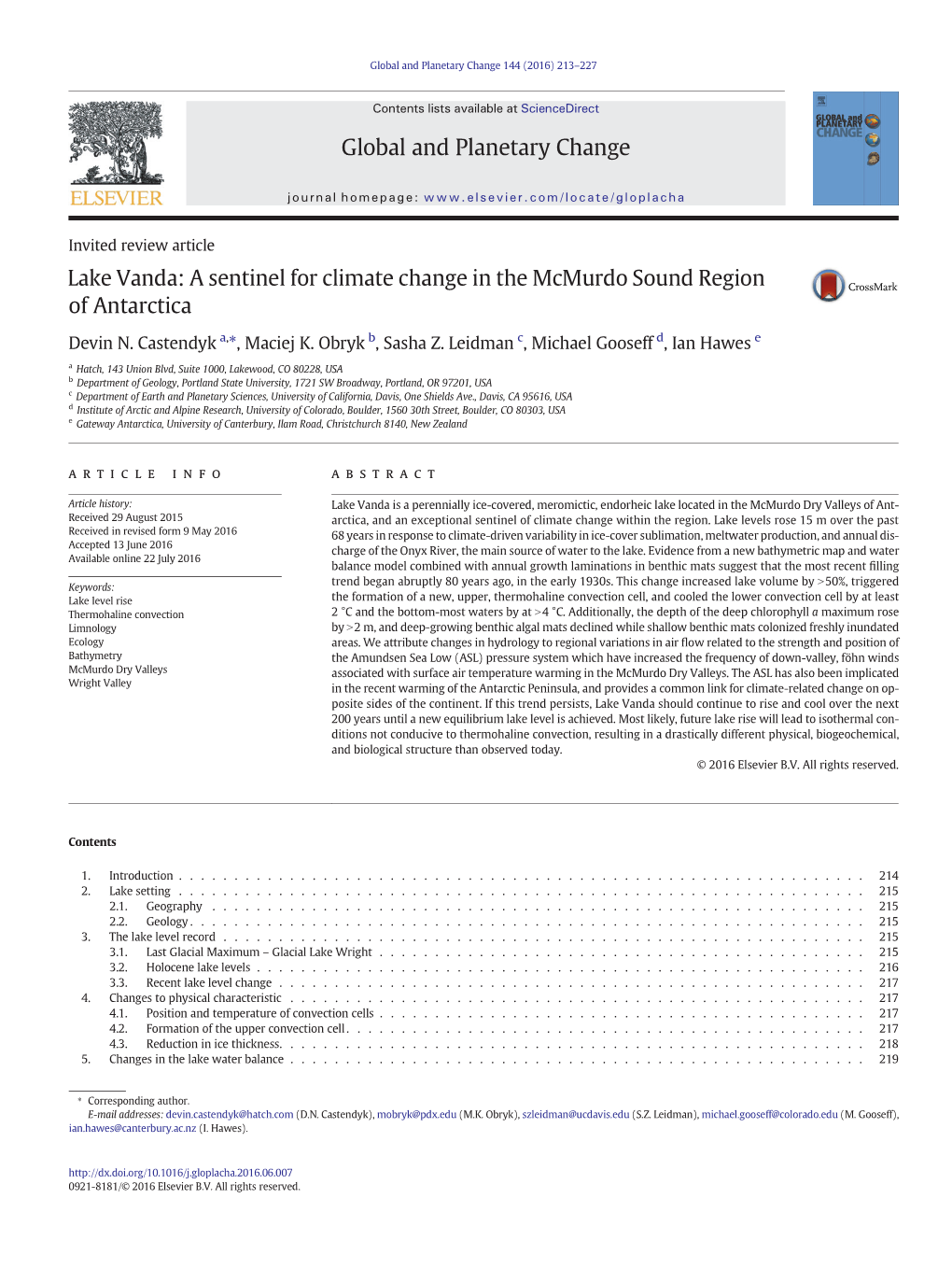 Lake Vanda: a Sentinel for Climate Change in the Mcmurdo Sound Region of Antarctica