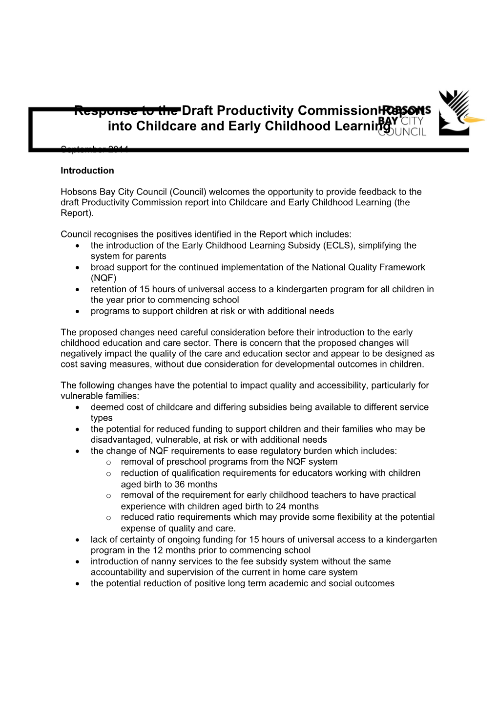 Submission DR777 - Hobsons Bay City Council - Childcare and Early Childhood Learning