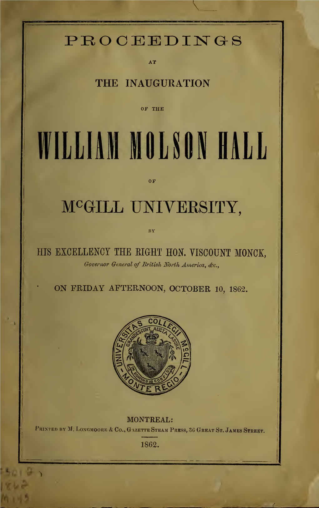 Proceedings at the Inauguration of the William Molson