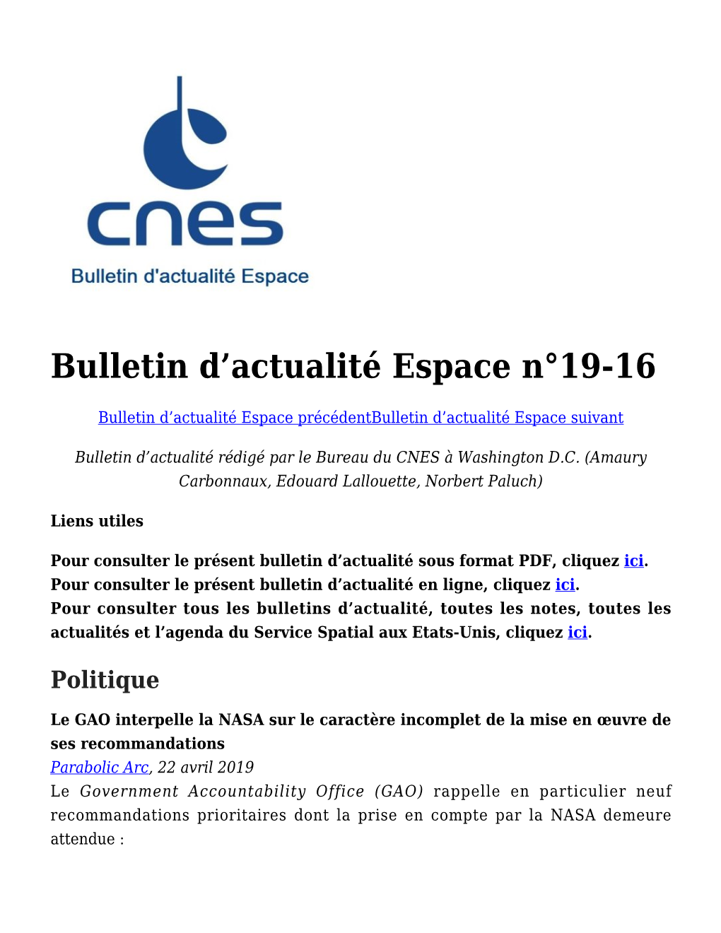 Actualité Espace N°19-16