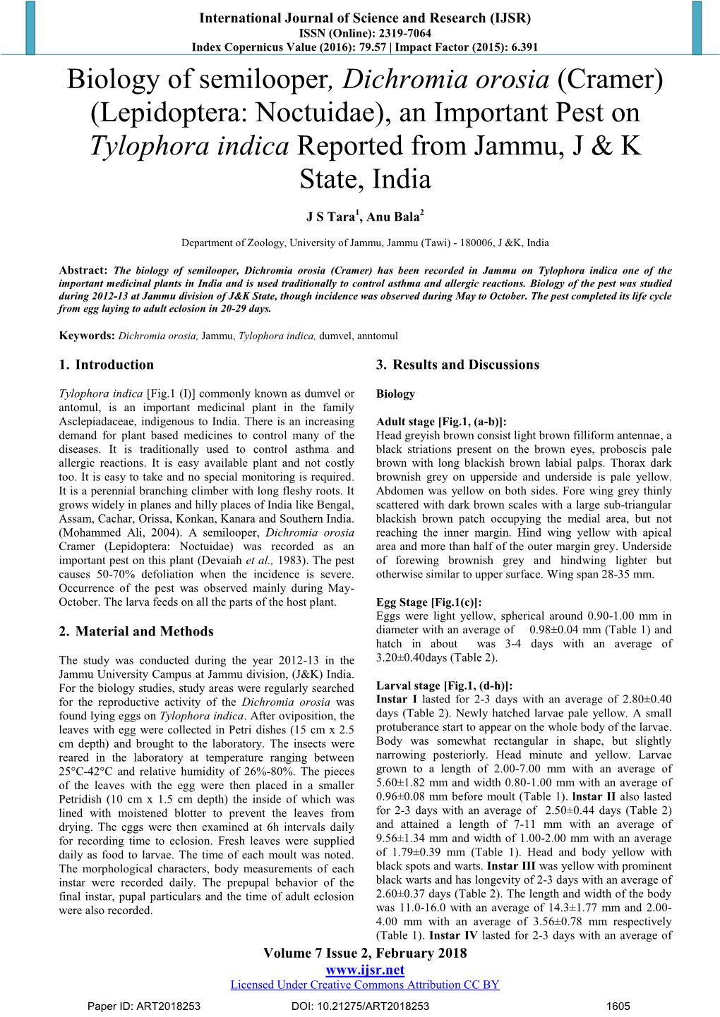 Biology of Semilooper, Dichromia Orosia (Cramer) (Lepidoptera: Noctuidae), an Important Pest on Tylophora Indica Reported from Jammu, J & K State, India