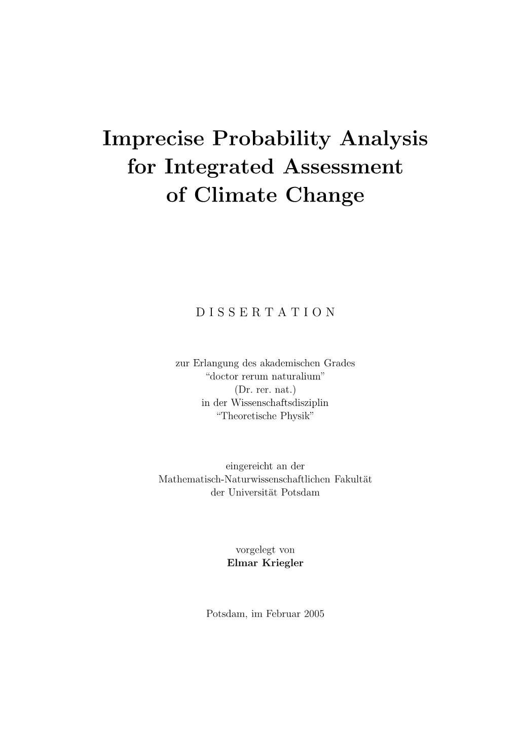 Imprecise Probability Analysis for Integrated Assessment of Climate Change