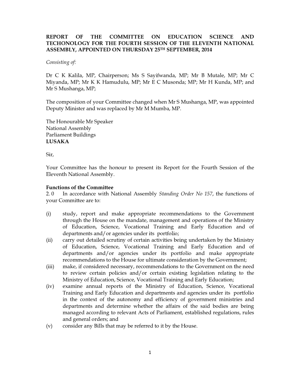 Report of the Committee on Education Science and Techonology for the Fourth Session of the Eleventh National Assembly, Appointed on Thursday 25Th September, 2014