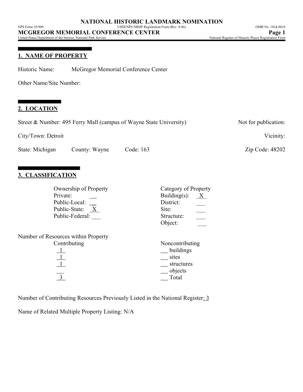 MCGREGOR MEMORIAL CONFERENCE CENTER Page 1 United States Department of the Interior, National Park Service National Register of Historic Places Registration Form