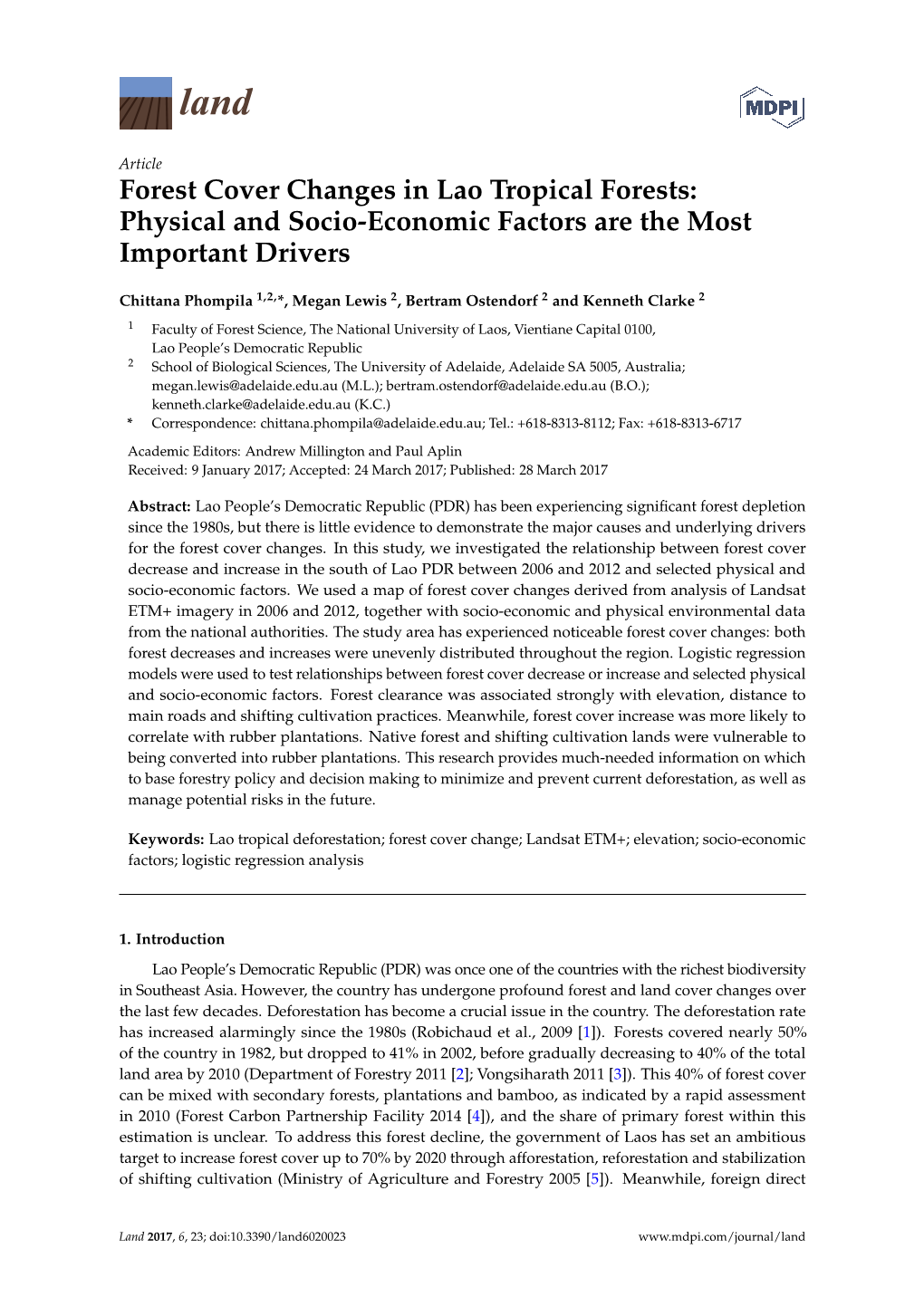 Forest Cover Changes in Lao Tropical Forests: Physical and Socio-Economic Factors Are the Most Important Drivers