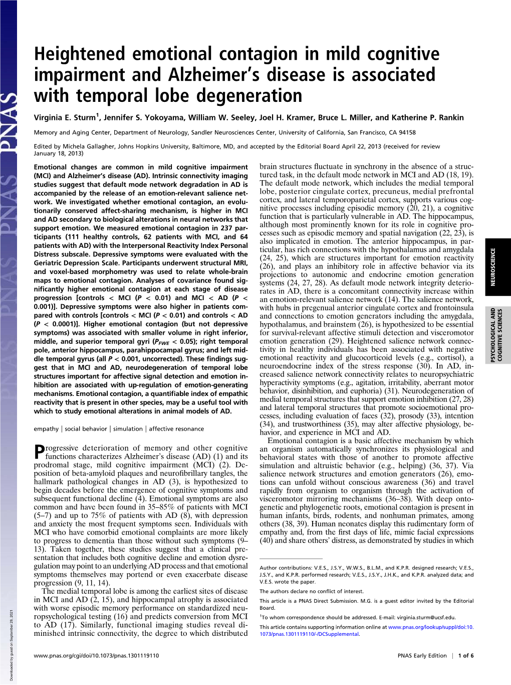 Heightened Emotional Contagion in Mild Cognitive Impairment and Alzheimerts Disease Is Associated with Temporal Lobe Degeneratio