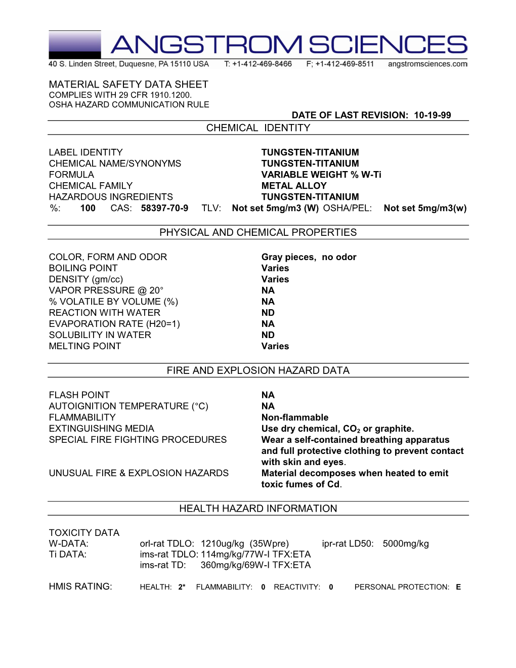 Material Safety Data Sheet Complies with 29 Cfr 1910.1200